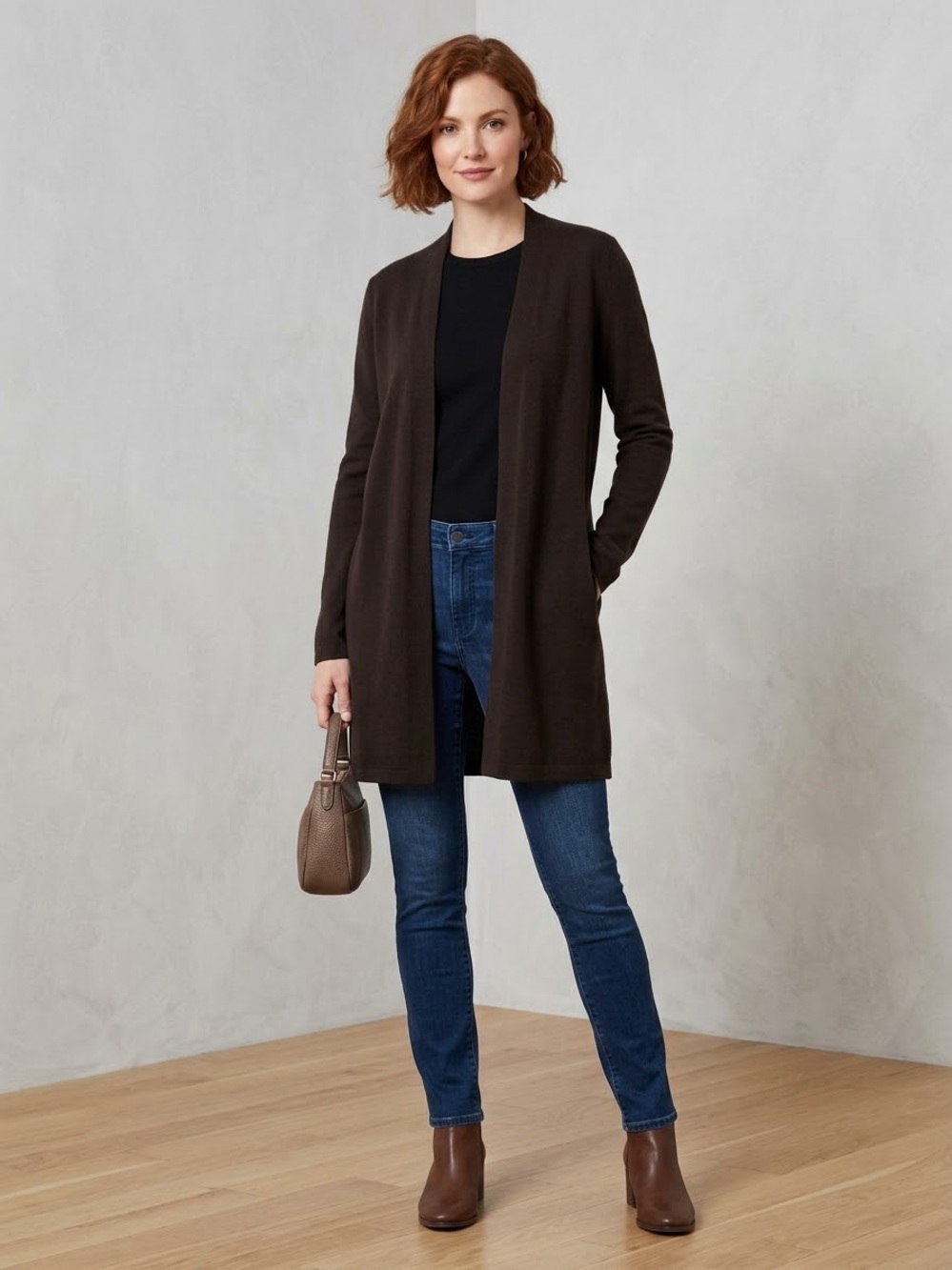 Eileen Fisher Wool Long Open-Front in Dark Brown Long Sleeve Cardigan Size M